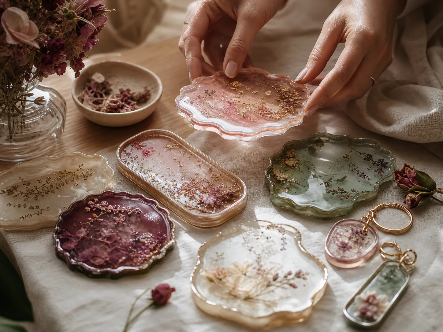 Handmade resin keepsakes with unique floral details arranged on a studio table
